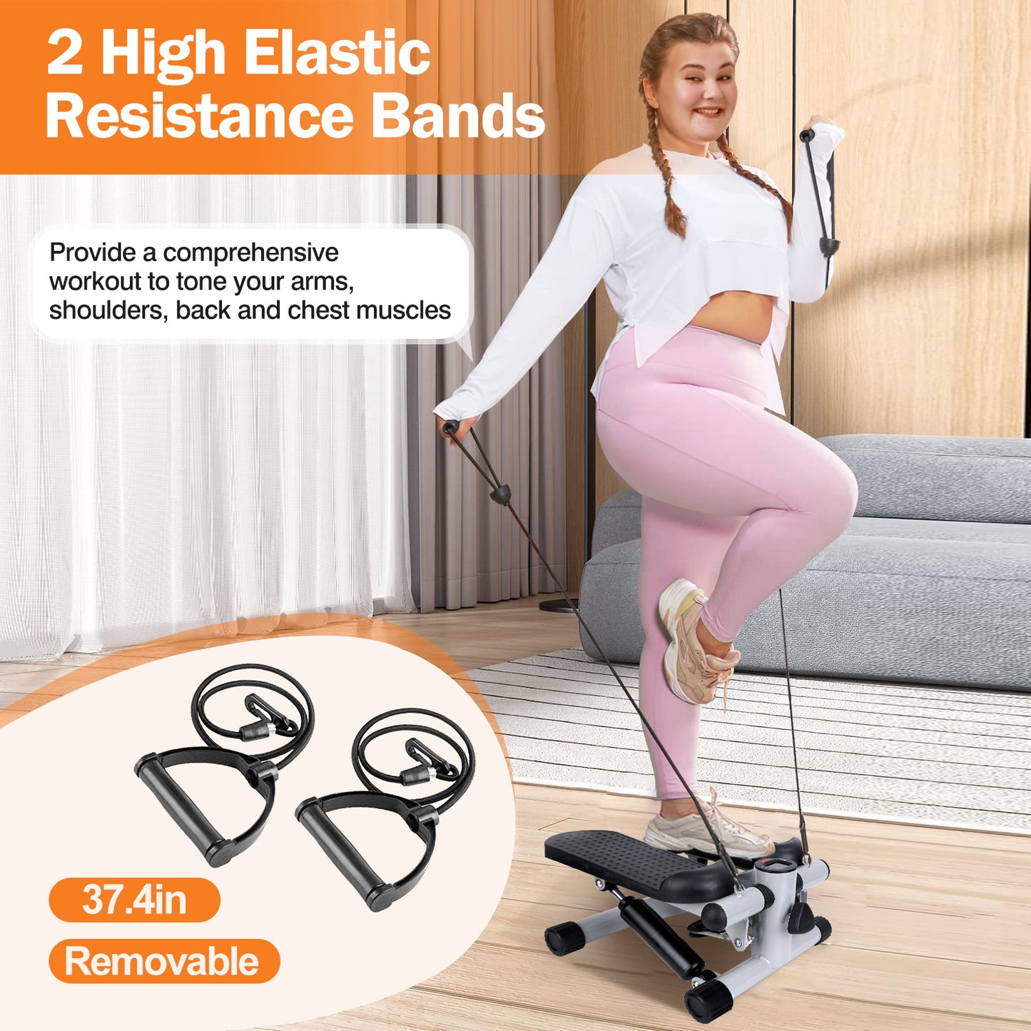Stepper For Exercise Mini Fitness Stepper With 2 Resistance Bands LCD Monitor Max 330.7LBS Load Stair Stepper Quiet Stepper